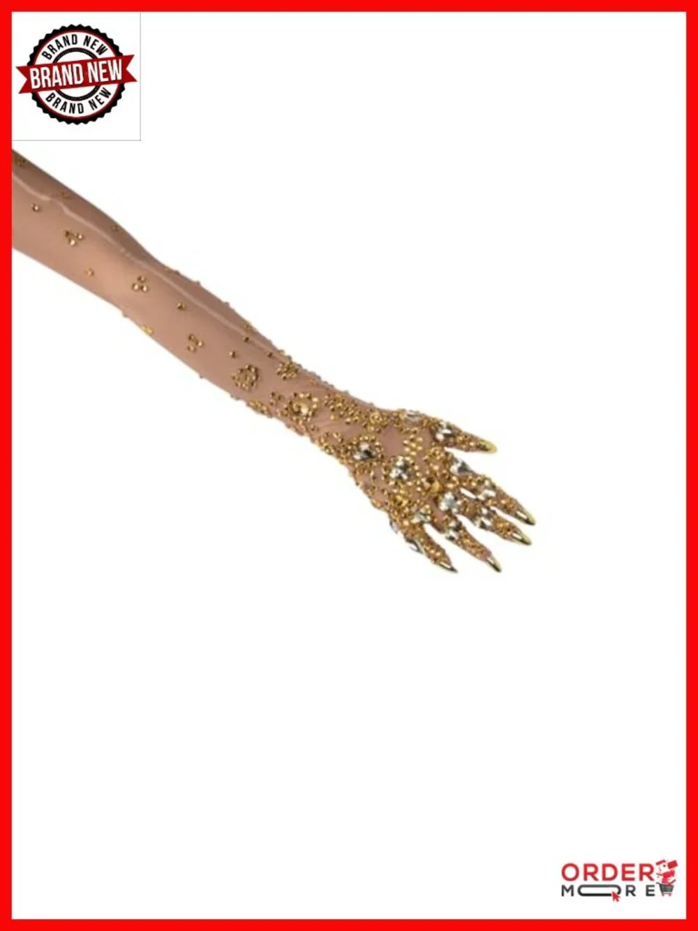 Rhinestone Mesh Opera Gloves with Built-in Gold Nail Tips, Stretchy One Size